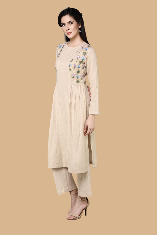 Panneled Kurta With Embroidered Side Yoke With Straight Fit Pants