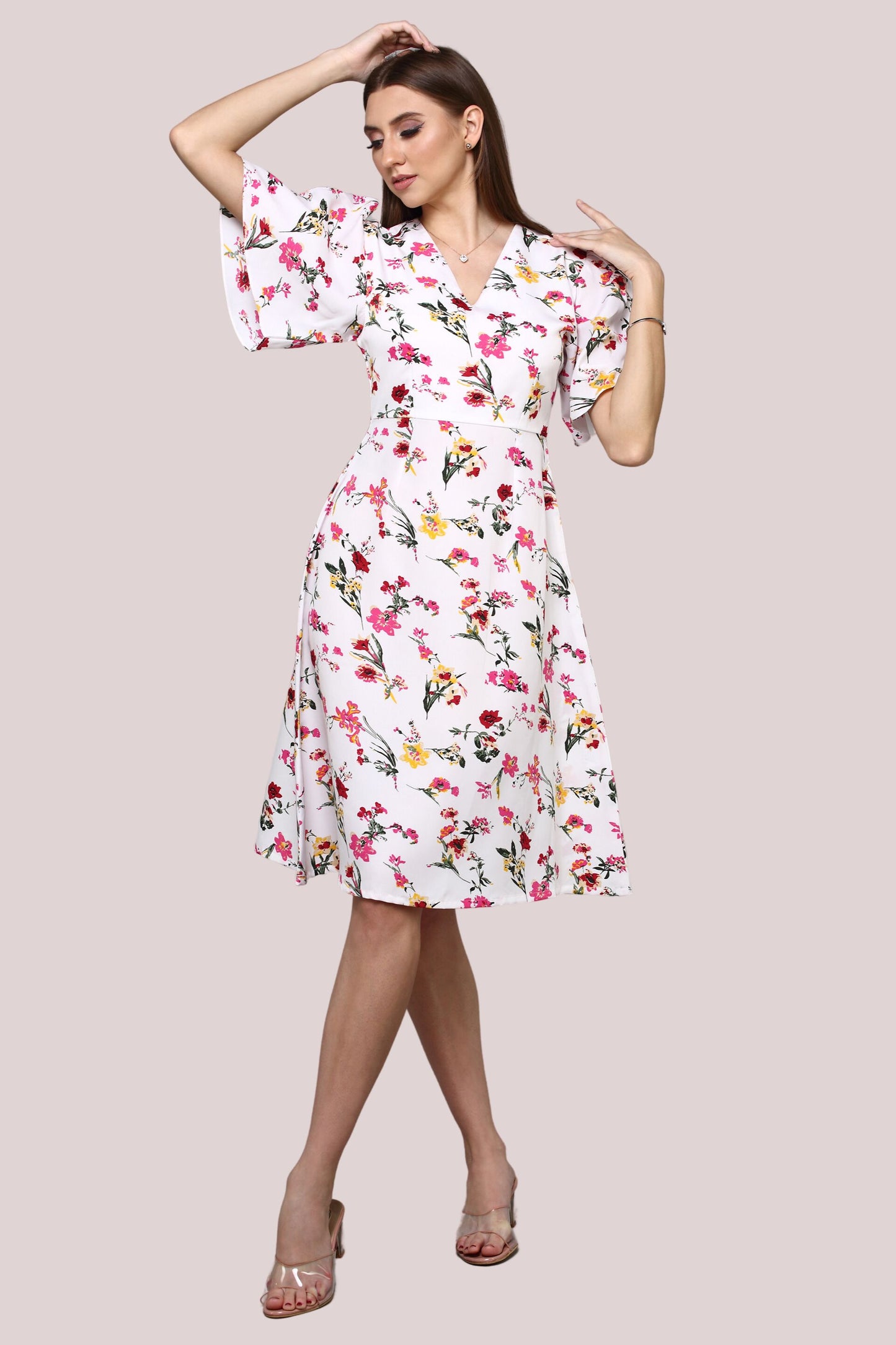 White Floral printed dress with flared sleeve