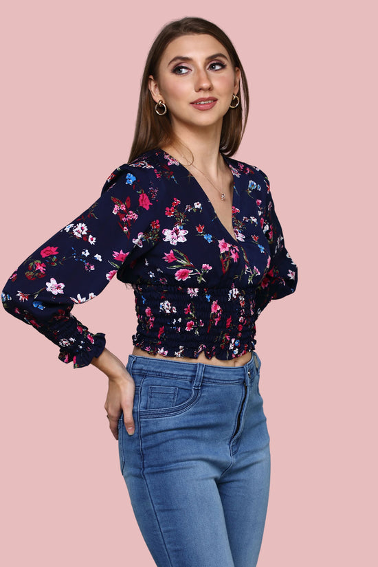 Load image into Gallery viewer, Navy Blue V-neckline printed top with ruching at sleeve and waist
