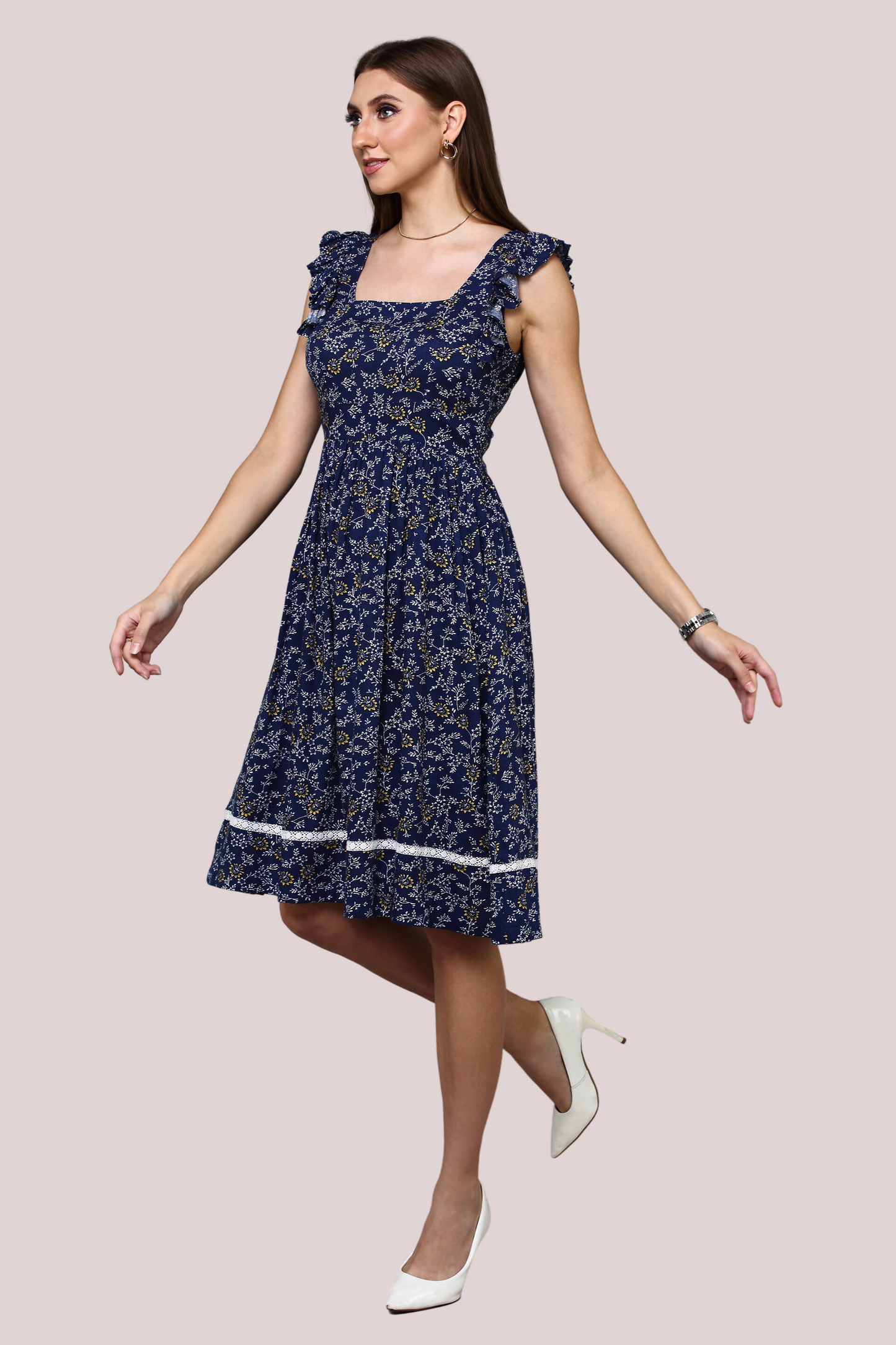 Load image into Gallery viewer, Navy Blue Floral dress with square neckline and lace detail
