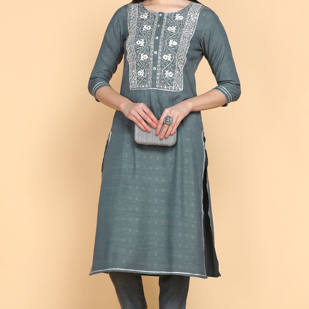 
                      
                        Embroidered Calf Length Cotton Woven Women's Kurta Set
                      
                    