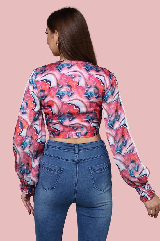 Load image into Gallery viewer, Bell Sleeved Printed Wrap on Crop Top
