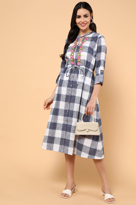 Load image into Gallery viewer, Classic Checks Printed White and Blue Dress With Embroidery
