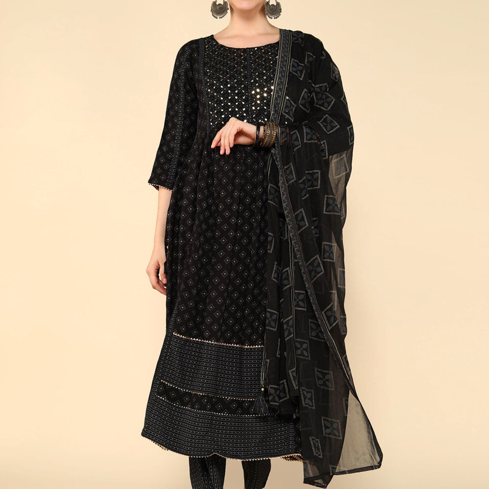 
                      
                        Black Geometric Printed Mirror Work Kurta & Trousers With Dupatta
                      
                    