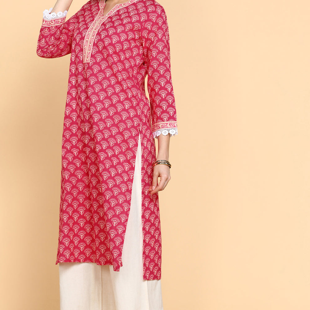 
                      
                        Ethnic Motifs Printed Notched Neck Pure Cotton Kurta
                      
                    
