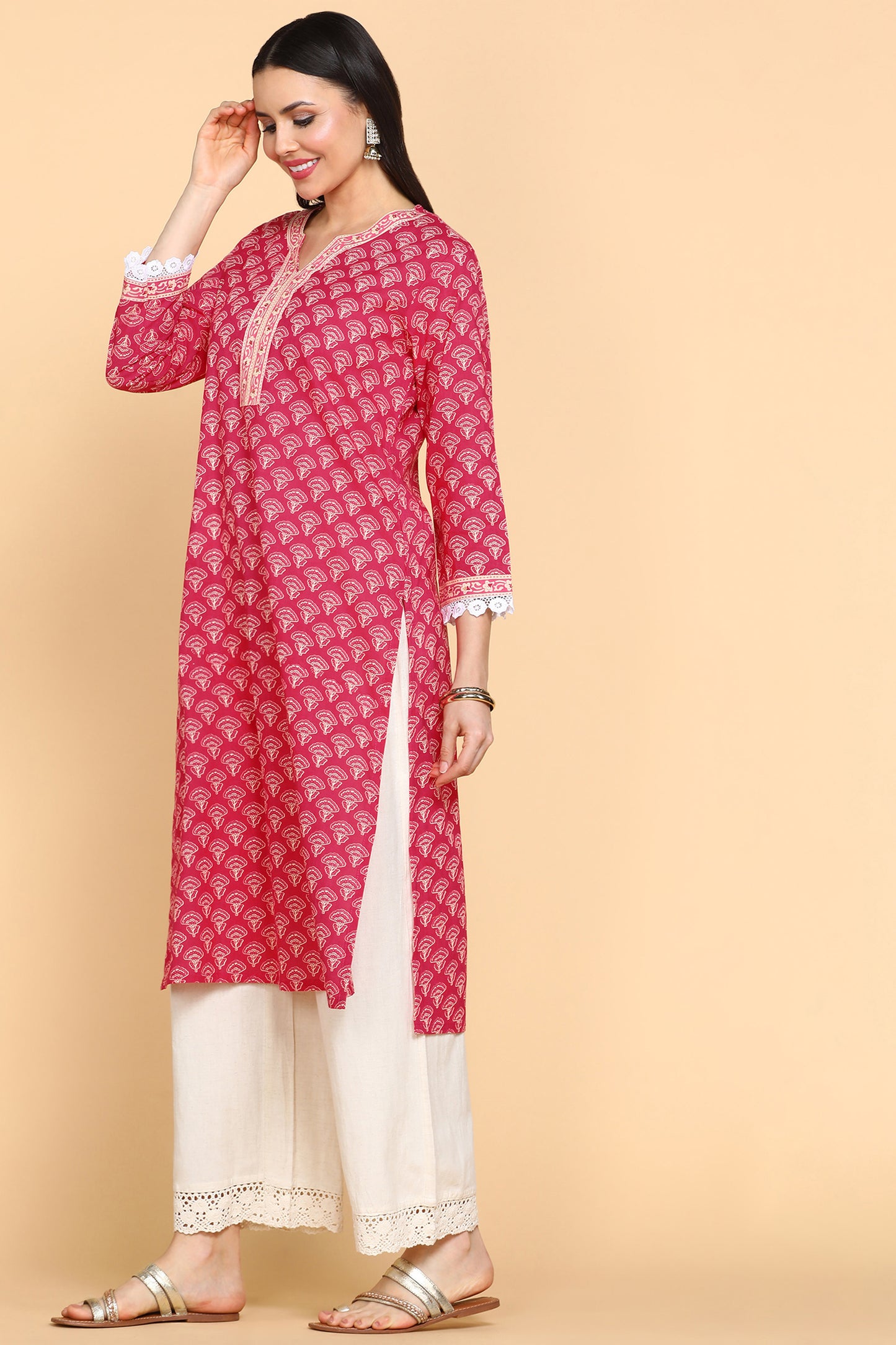 Load image into Gallery viewer, Ethnic Motifs Printed Notched Neck Pure Cotton Kurta
