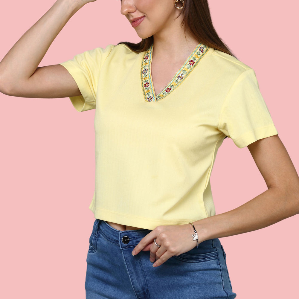 
                      
                        Short Sleeved Embroidered Yellow Top
                      
                    