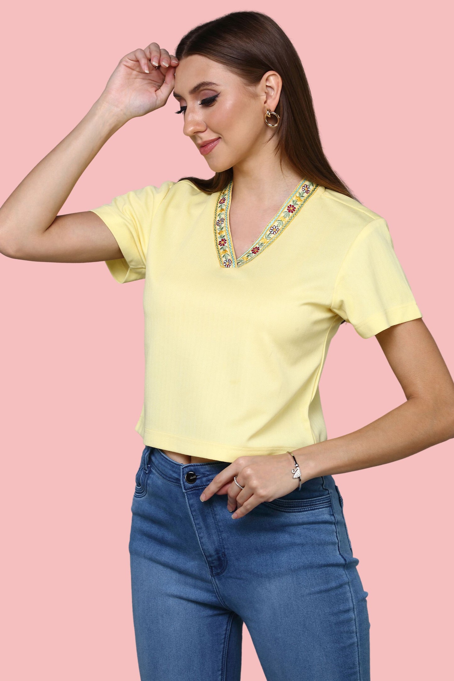 Short Sleeved Embroidered Yellow Top