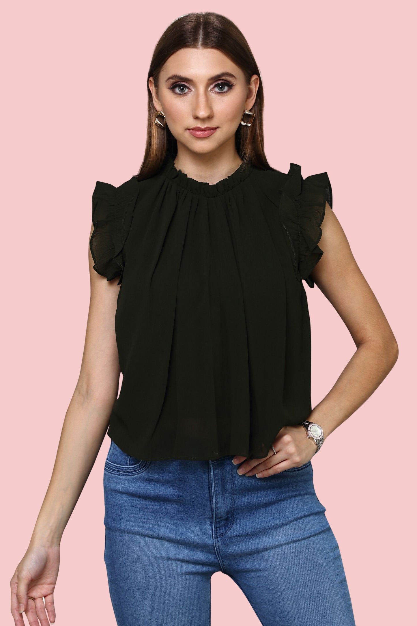 aturabi Delicately Ruffled Olive Green Top