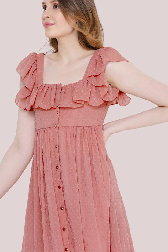 Load image into Gallery viewer, Peach Short Sleeves Flared Paneled Dress
