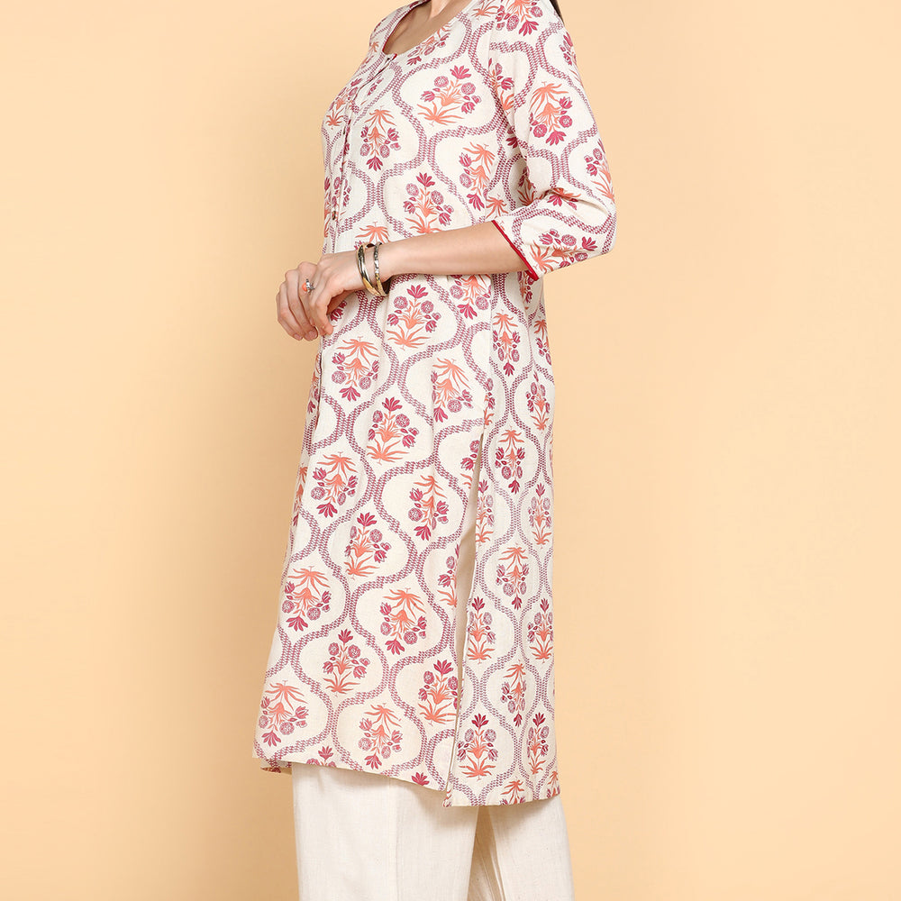 
                      
                        Cream floral printed Kurta With Front Buttons
                      
                    