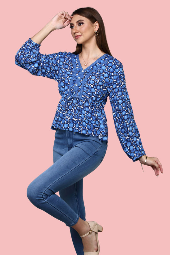 V- neckline Blue Printed  top with lace detail ,balloon sleeve