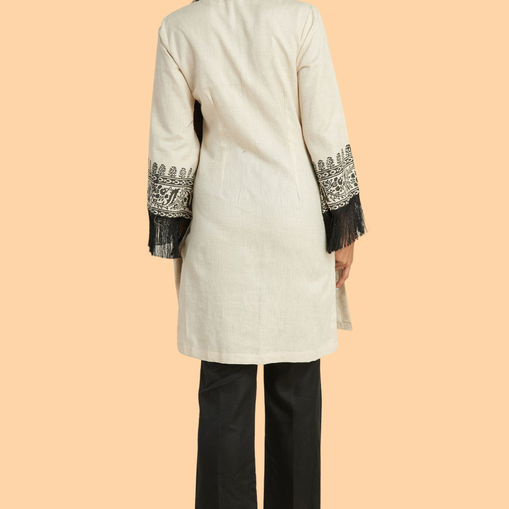 
                      
                        Short Kurti Top With Hand Block Printed Bell Sleeves Bordered by Fringe Lace
                      
                    