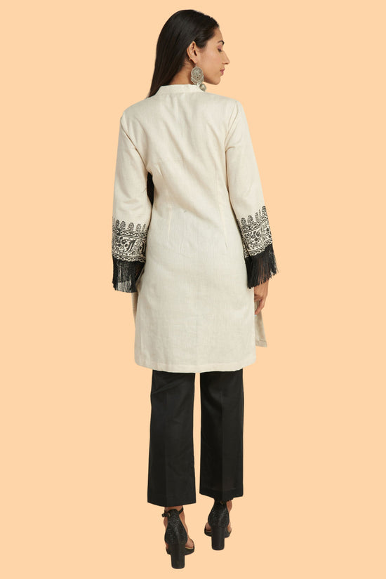 Short Kurti Top With Hand Block Printed Bell Sleeves Bordered by Fringe Lace