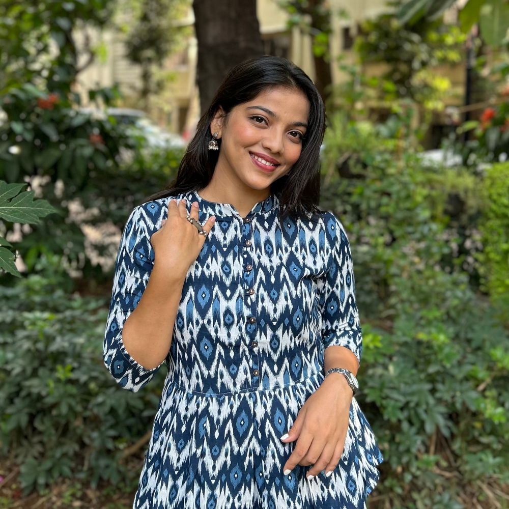 
                      
                        Blue Ikkat Print Cotton Linen HandPrint Kurti
                      
                    