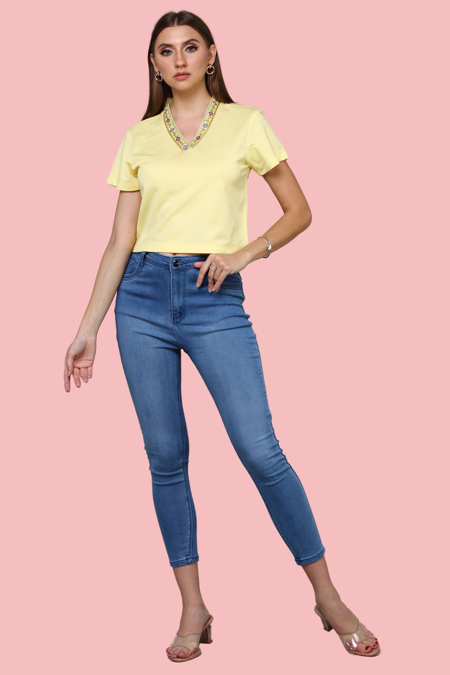 Short Sleeved Embroidered Yellow Top