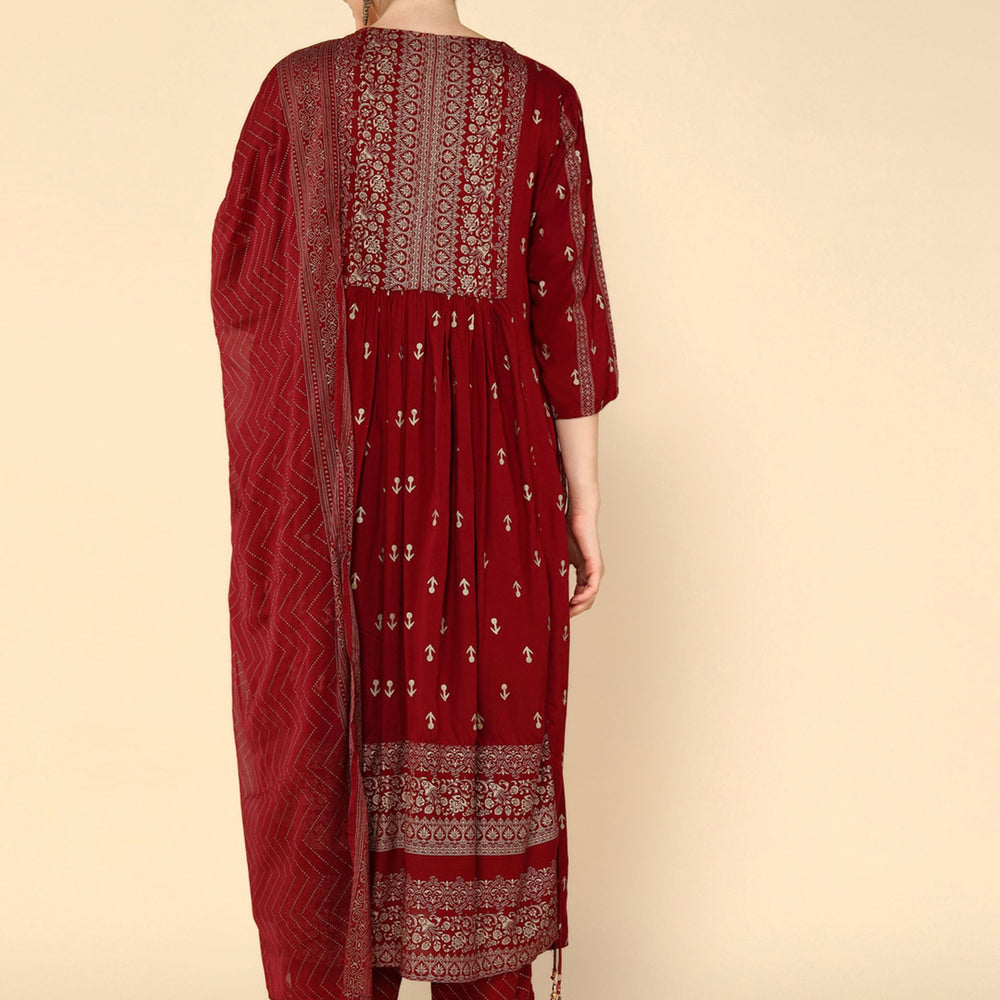 
                      
                        Radiant Rani Ethnic Motifs Printed Thread Work Pleated A-Line Kurta & Trouser With Dupatta
                      
                    