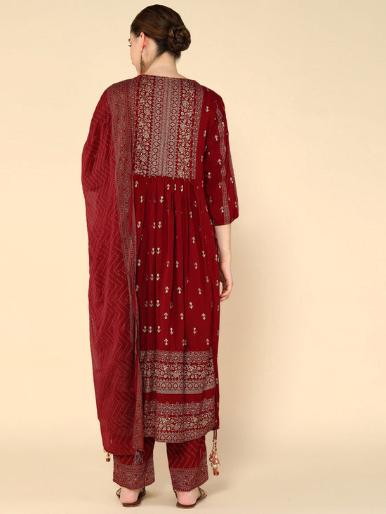 Radiant Rani Ethnic Motifs Printed Thread Work Pleated A-Line Kurta & Trouser With Dupatta