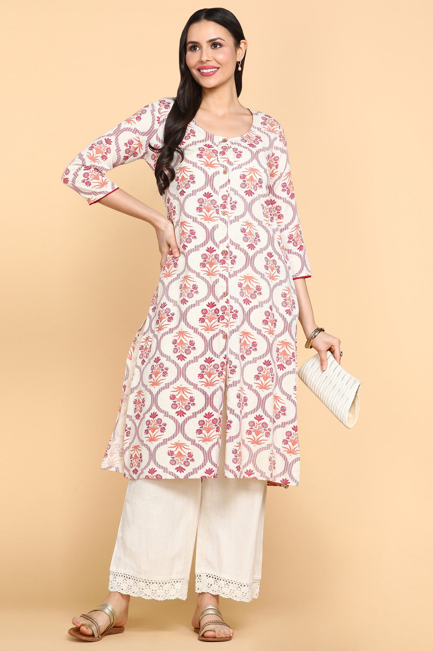 Cream floral printed Kurta With Front Buttons