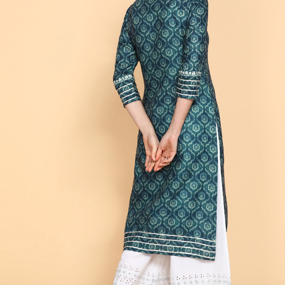 
                      
                        Blue Printed Cotton Linen Kurta With SIlver Embroidery
                      
                    