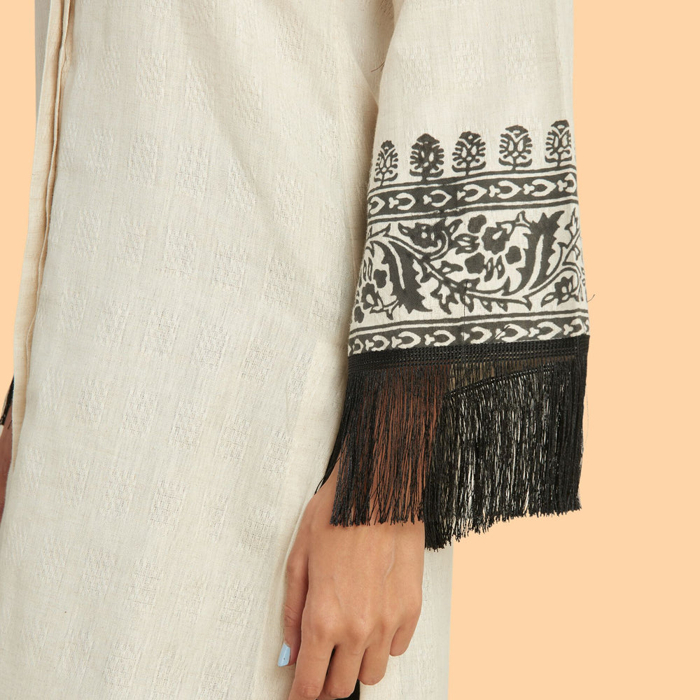 
                      
                        Short Kurti Top With Hand Block Printed Bell Sleeves Bordered by Fringe Lace
                      
                    