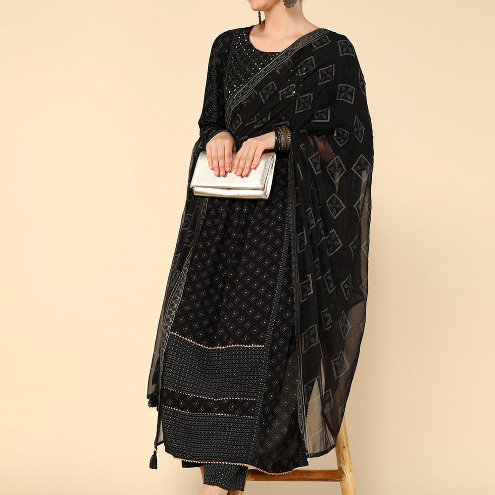 
                      
                        Black Geometric Printed Mirror Work Kurta & Trousers With Dupatta
                      
                    