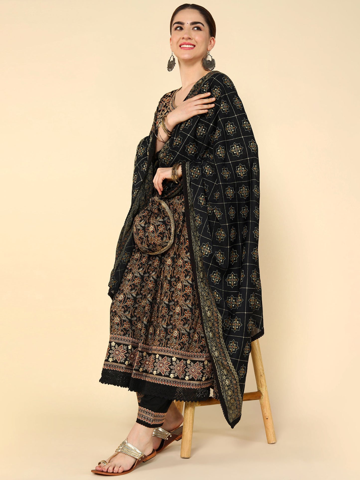 Load image into Gallery viewer, Black Floral Embroidered Kantha Work Anarkali Kurta with Trousers &amp;amp; With Dupatta
