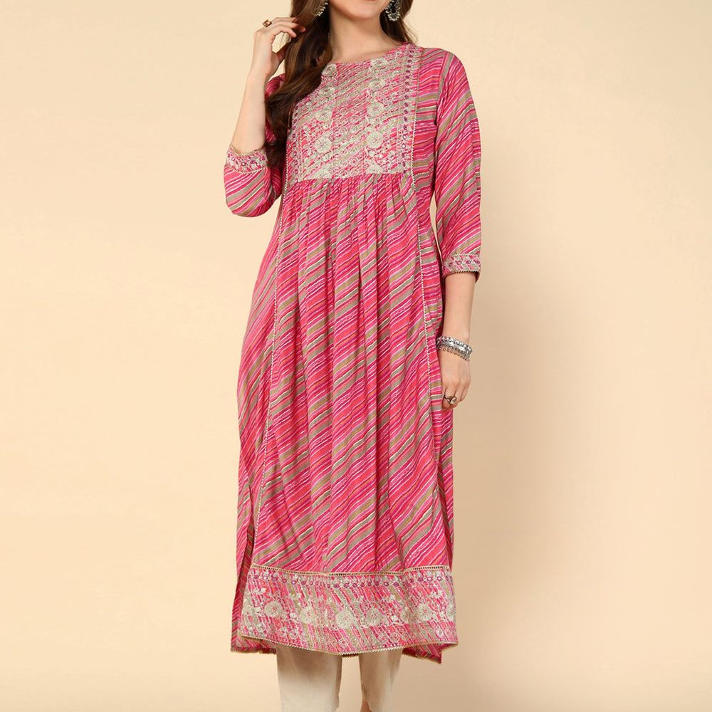 
                      
                        Pink Ethnic Motifs Printed Thread Work Block Print Anarkali Kurta
                      
                    