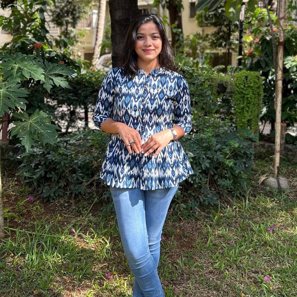 
                      
                        Blue Ikkat Print Cotton Linen HandPrint Kurti
                      
                    