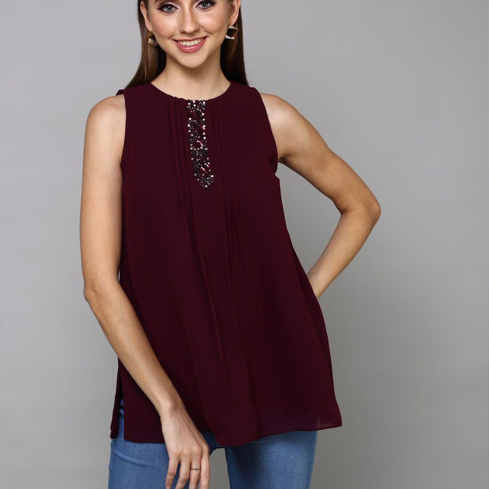 Maroon Floral Embellished Pure Georgette Pleated Kurti