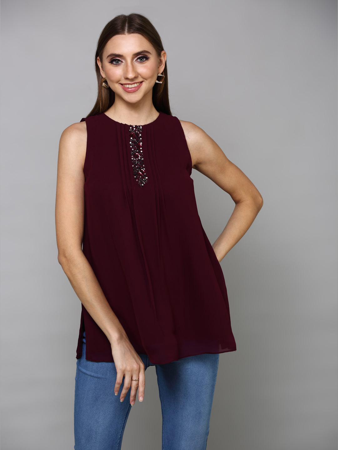 Maroon Floral Embellished Pure Georgette Pleated Kurti