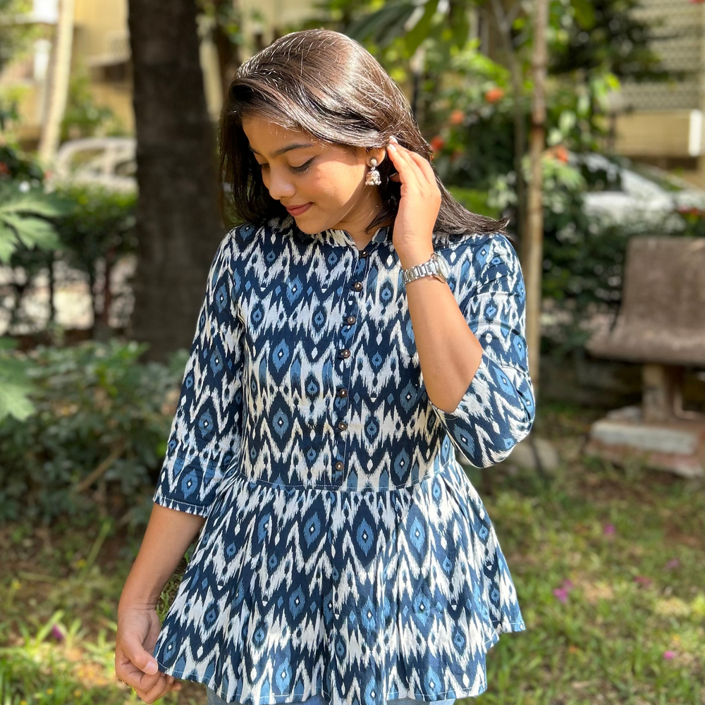 
                      
                        Blue Ikkat Print Cotton Linen HandPrint Kurti
                      
                    