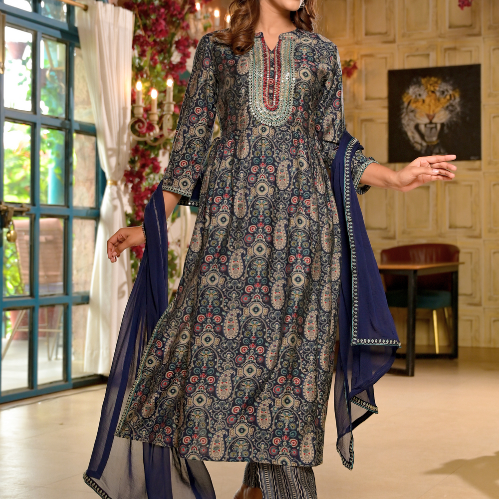 Fit and Flare Midnight Blue Floral Suit Set