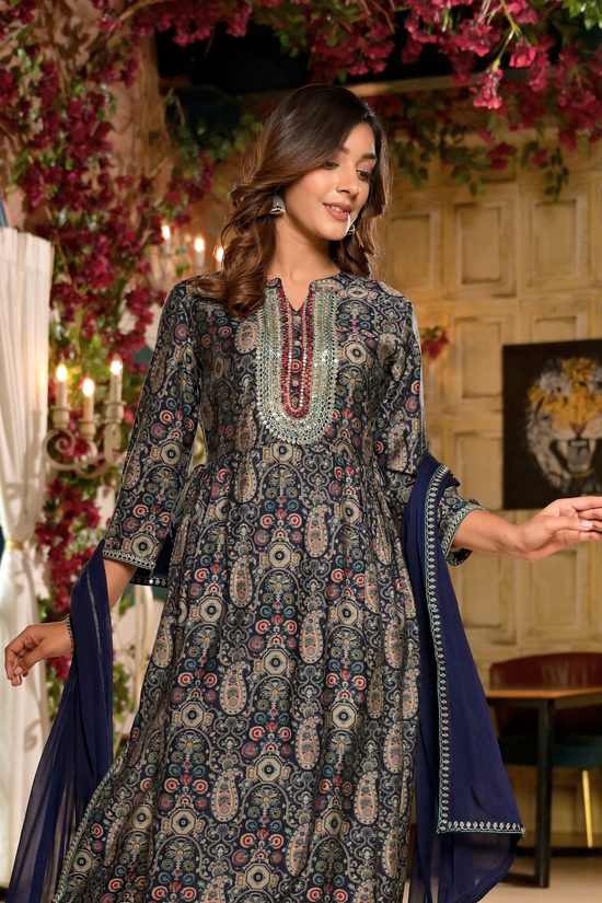 Fit and Flare Midnight Blue Floral Suit Set