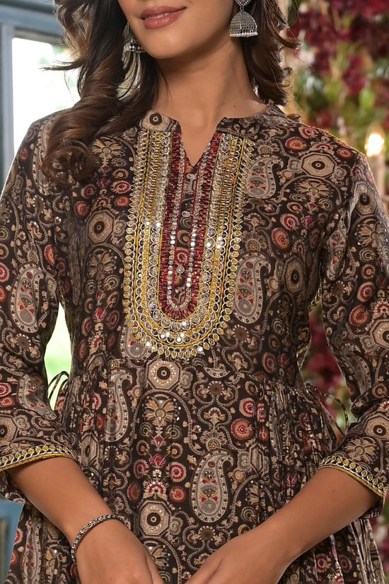 Fit and Flare Brown Floral Suit Set