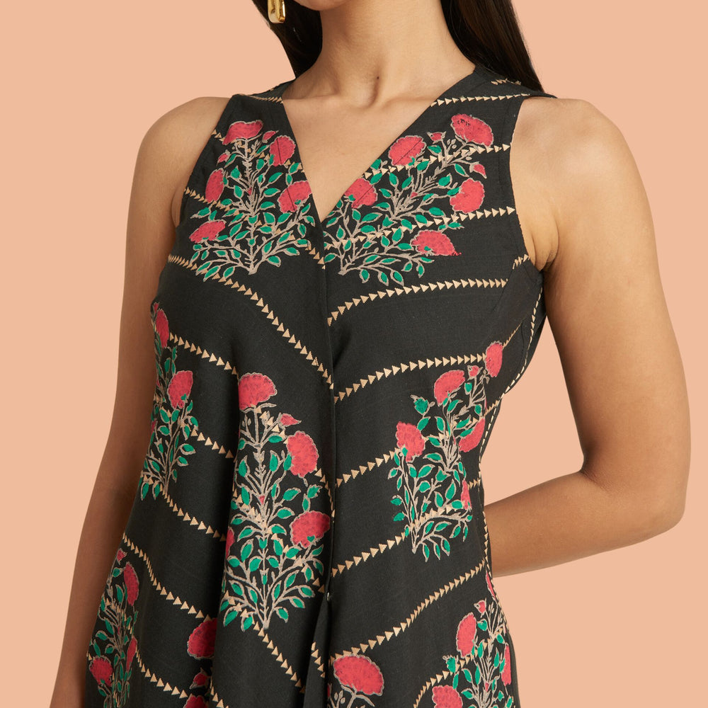 
                      
                        Black Hand Block Printed Floral Kurti Top With Delicate Gold Foiling
                      
                    