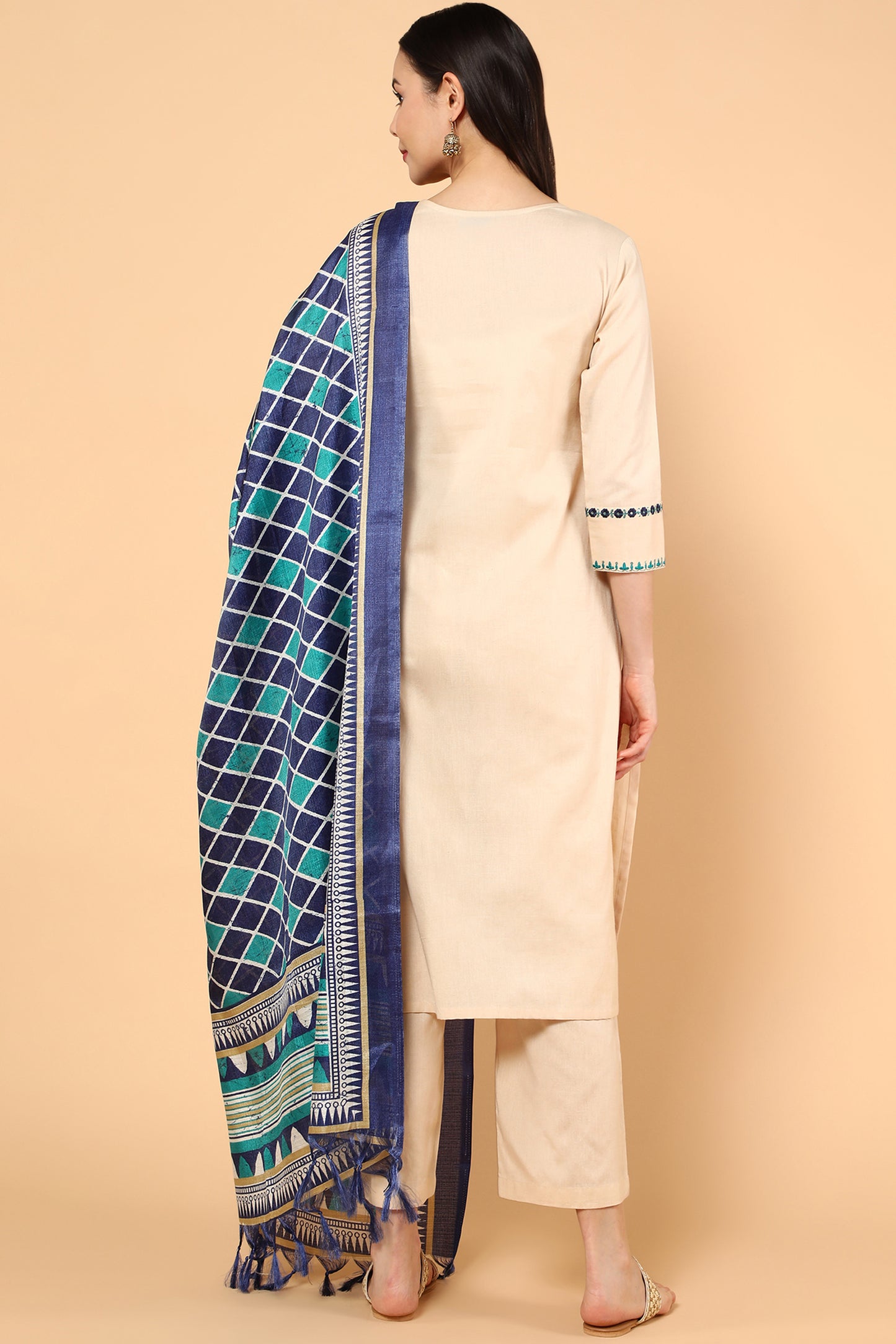 Women Embroidered Sequinned Pure Cotton Linen Kurta With Trousers & Dupatta