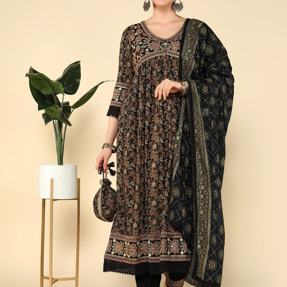 
                      
                        Black Floral Embroidered Kantha Work Anarkali Kurta with Trousers & With Dupatta
                      
                    