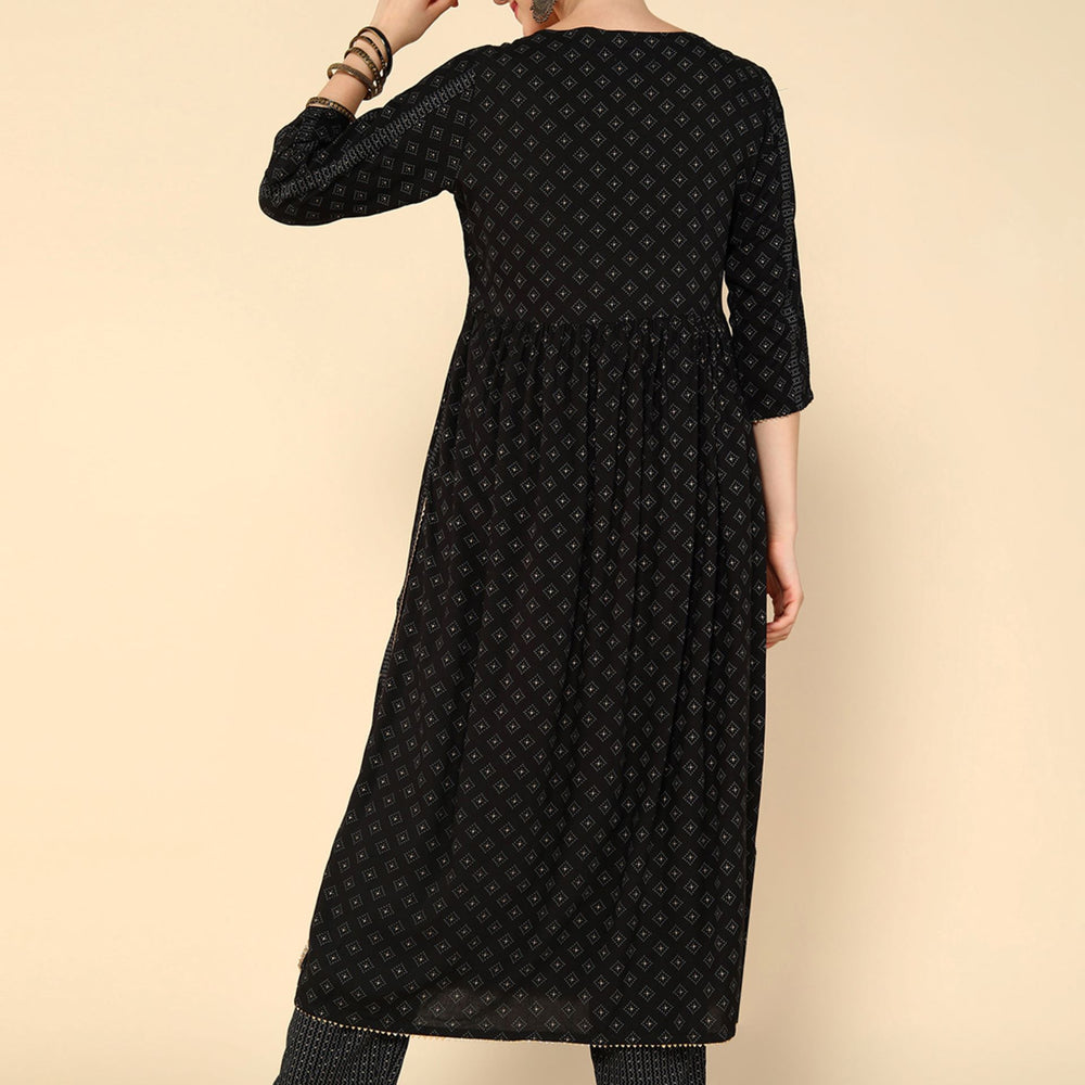 
                      
                        Black Geometric Printed Mirror Work Kurta & Trousers With Dupatta
                      
                    