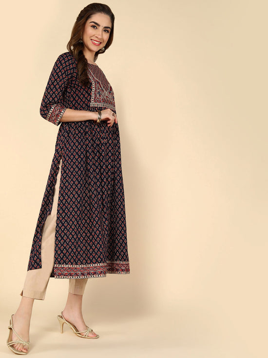 aturabi ajrak print fit and flared pure cotton multi colour yoke embroidery 3/4 th sleeves round neck navy blue and maroon colour kurta