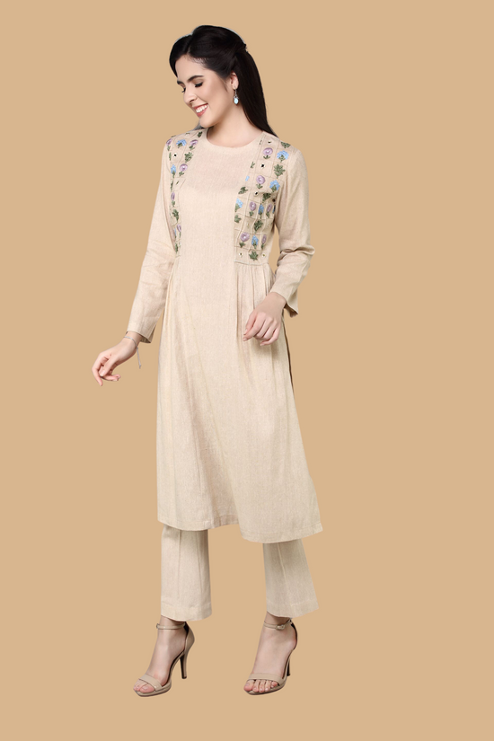 Panneled Kurta With Embroidered Side Yoke With Straight Fit Pants