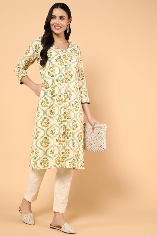 CREAM FLORAL PRINTED KURTA WITH FRONT BUTTONS