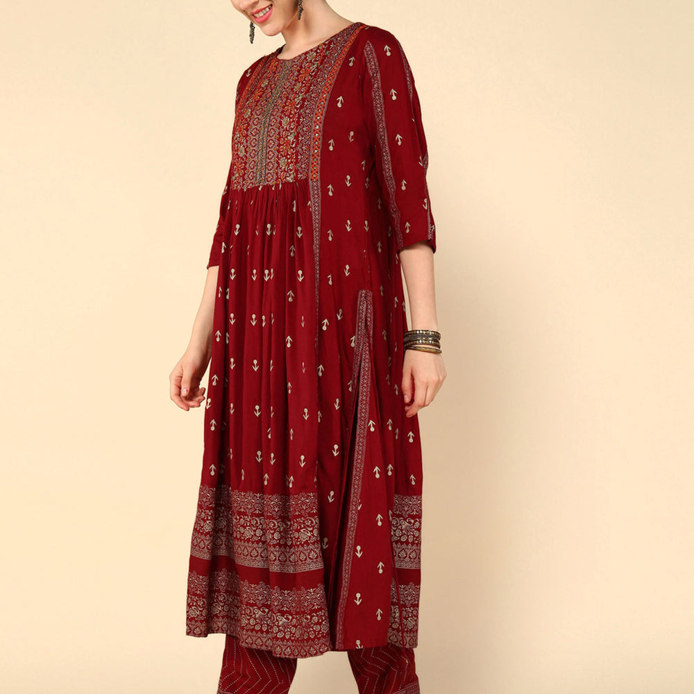 
                      
                        Radiant Rani Ethnic Motifs Printed Thread Work Pleated A-Line Kurta & Trouser With Dupatta
                      
                    