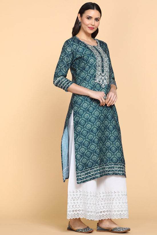 Load image into Gallery viewer, Blue Printed Cotton Linen Kurta With SIlver Embroidery
