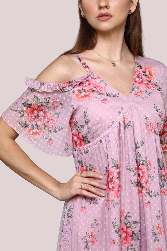 Pink Frill dress with off shoulder and lace detail