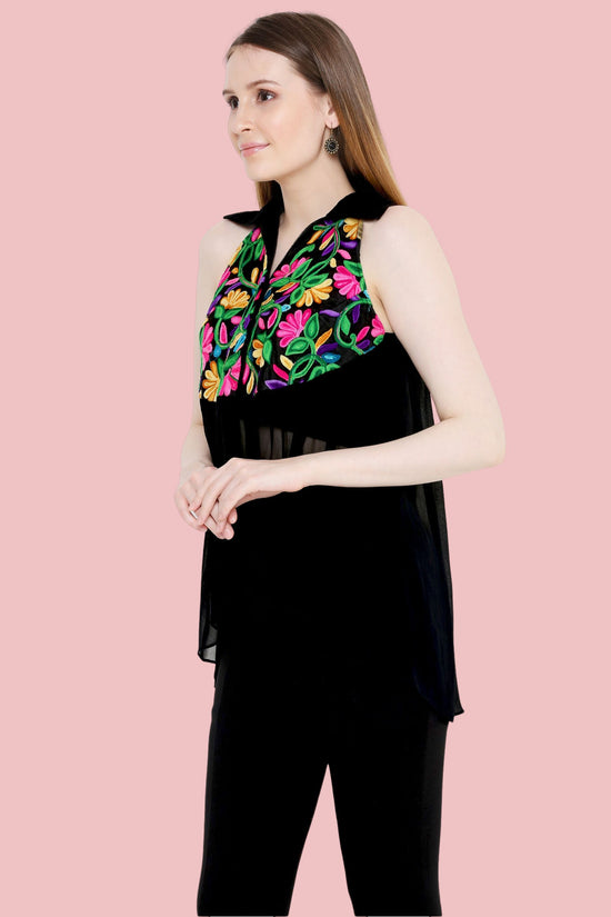 Load image into Gallery viewer, Black Sleeveless Asymmentrical Sleeveless Shirt With Multi-Colour Aari Embroidery

