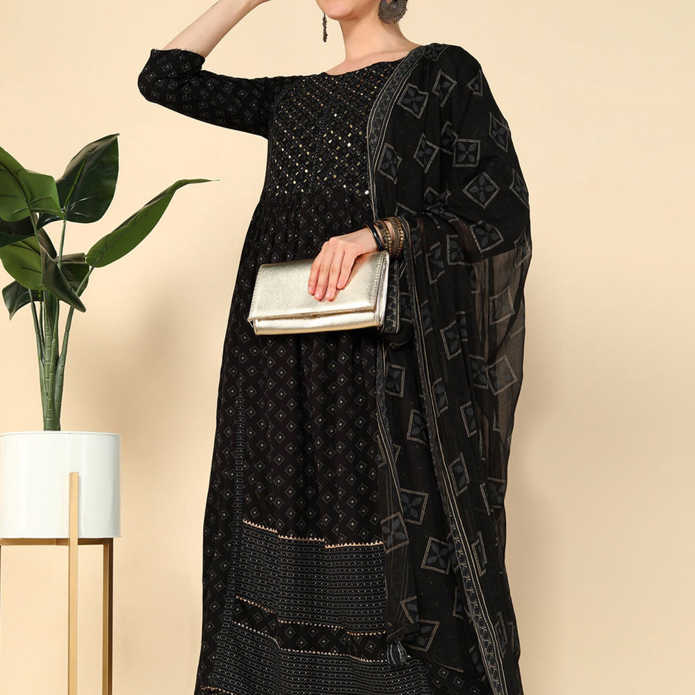 
                      
                        Black Geometric Printed Mirror Work Kurta & Trousers With Dupatta
                      
                    