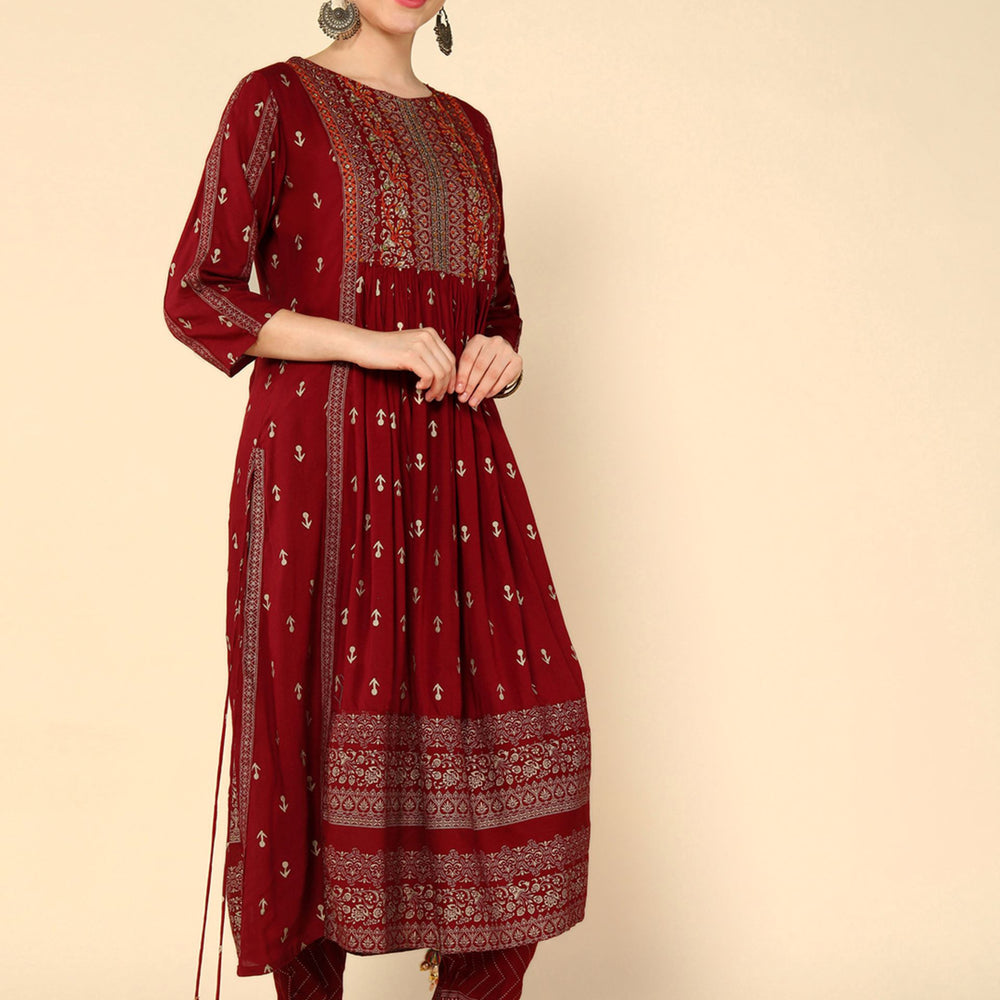 
                      
                        Radiant Rani Ethnic Motifs Printed Thread Work Pleated A-Line Kurta & Trouser With Dupatta
                      
                    