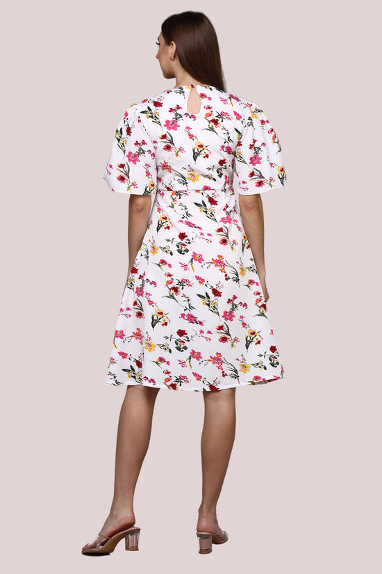 White Floral printed dress with flared sleeve