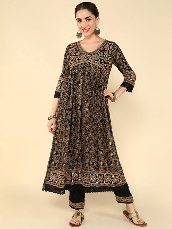 Load image into Gallery viewer, Black Floral Embroidered Kantha Work Anarkali Kurta with Trousers &amp;amp; With Dupatta
